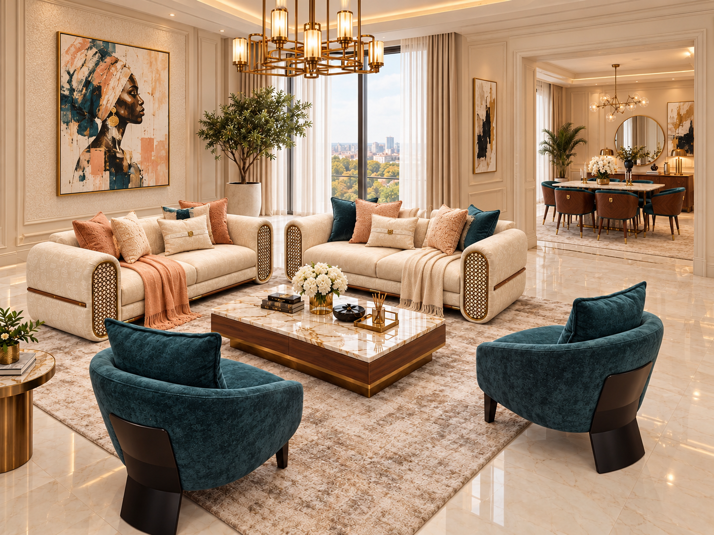 Luxury Living Room and Dining Room Design in Lagos – Elegant Ivory, Teal & Gold Interiors