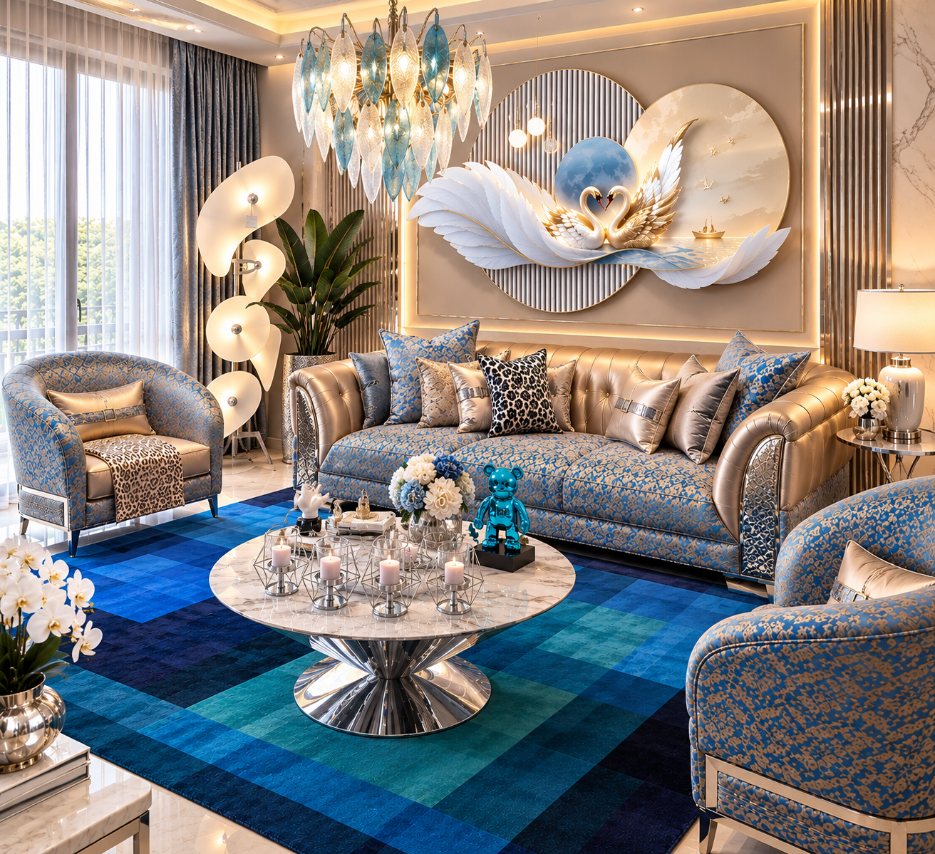 Luxury Living Room Furniture in Lagos: Shop This Elegant Blue and Gold Collection at Goldland Interiors