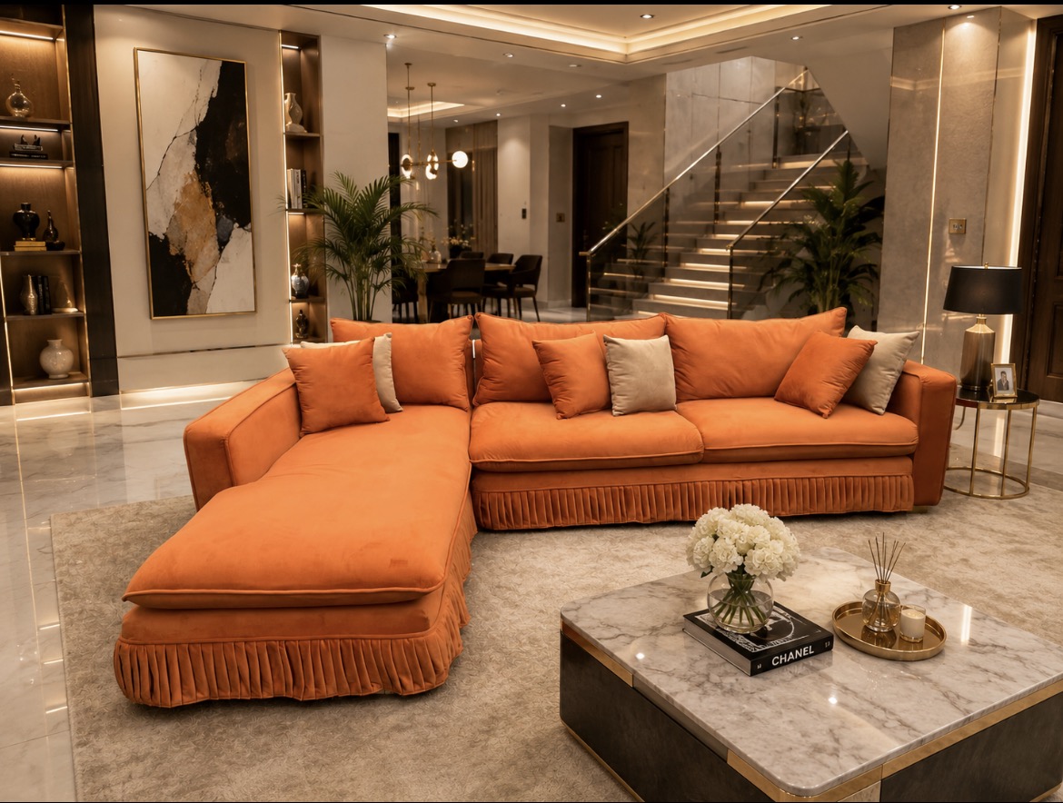 Luxury Orange L-Shaped Sofa in Lagos – Elevate Your Living Room with Goldland Interiors
