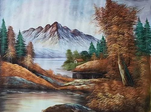 Mountain Lake Landscape Painting – Autumn Forest & Snowy Peaks