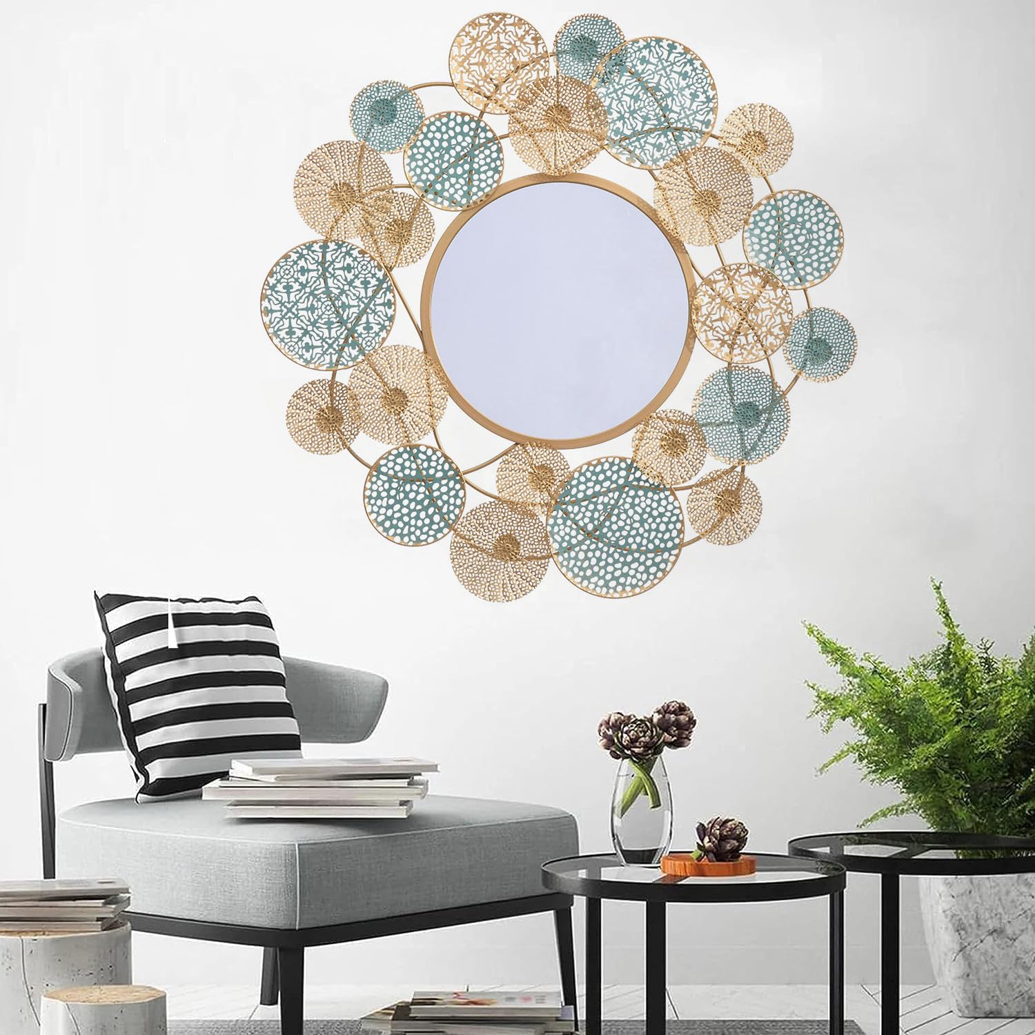 Modern Luxury Decorative Wall Mirror with Gold & Teal Metal Circle Design