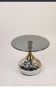 Modern Silver Round Side Table with Mirrored Mosaic Base
