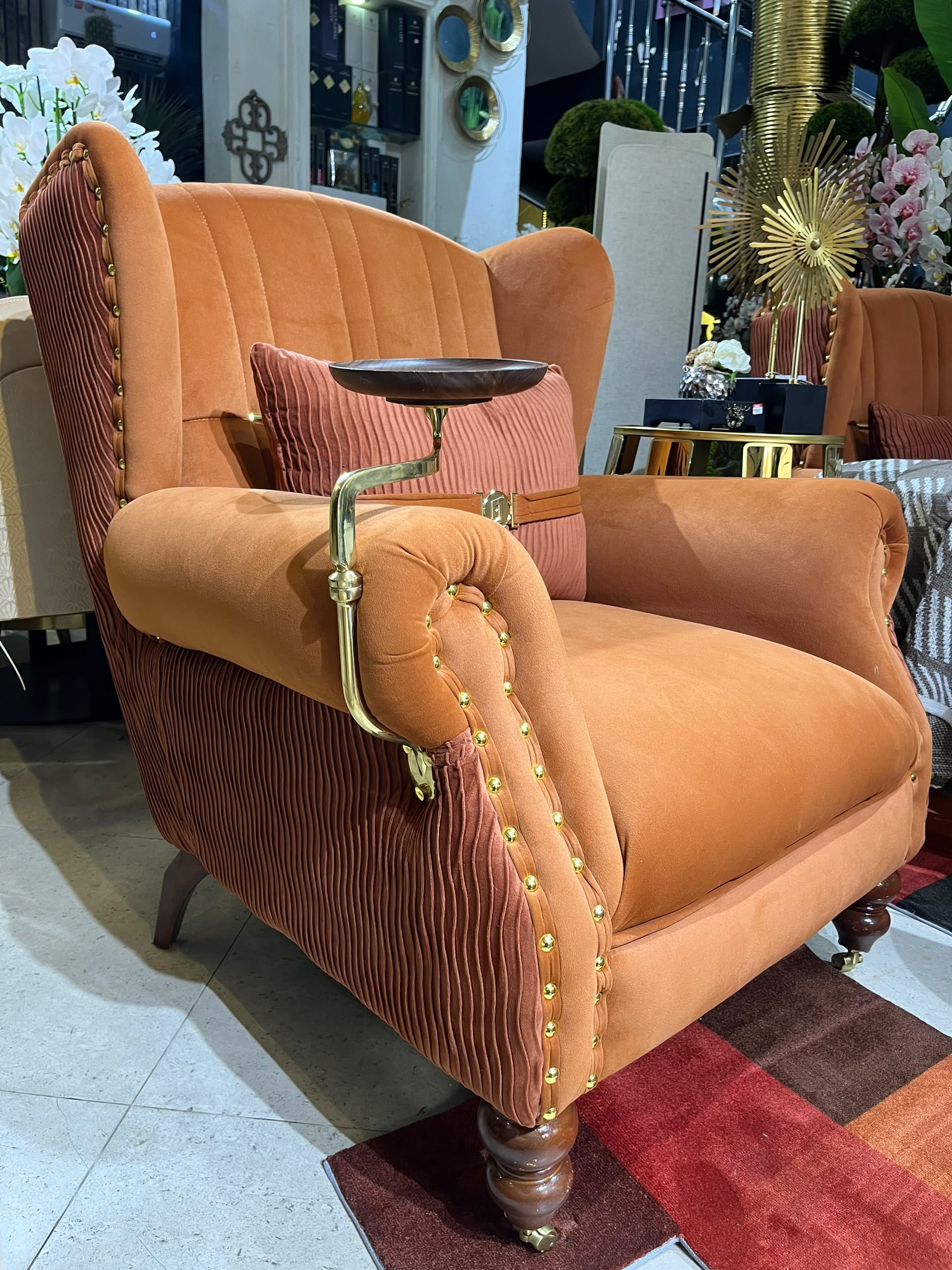 Luxury Orange Velvet Wingback Armchair