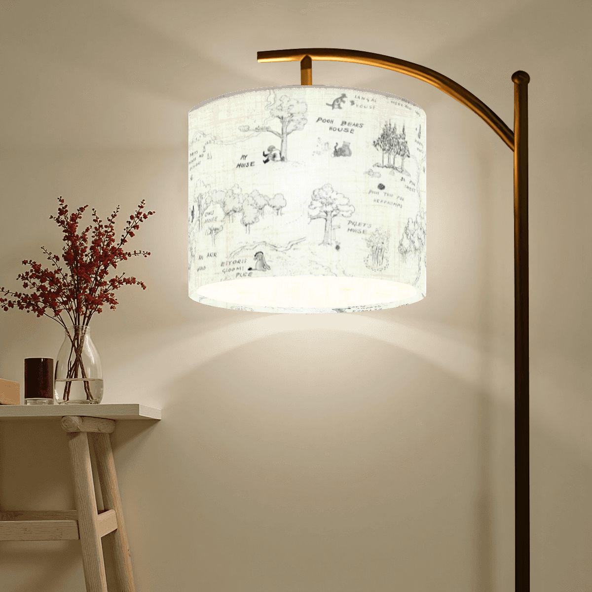 Gold Arc Floor Lamp with Illustrated White Fabric Shade