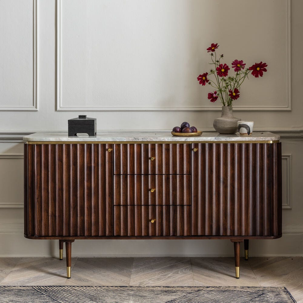 Luxury Dark Wood Sideboard Cabinet with Marble Top