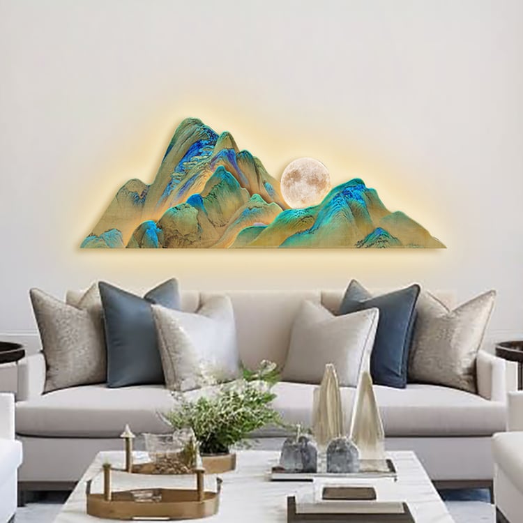 Modern Mountain Moon Wall Art Above Luxury Living Room Sofa