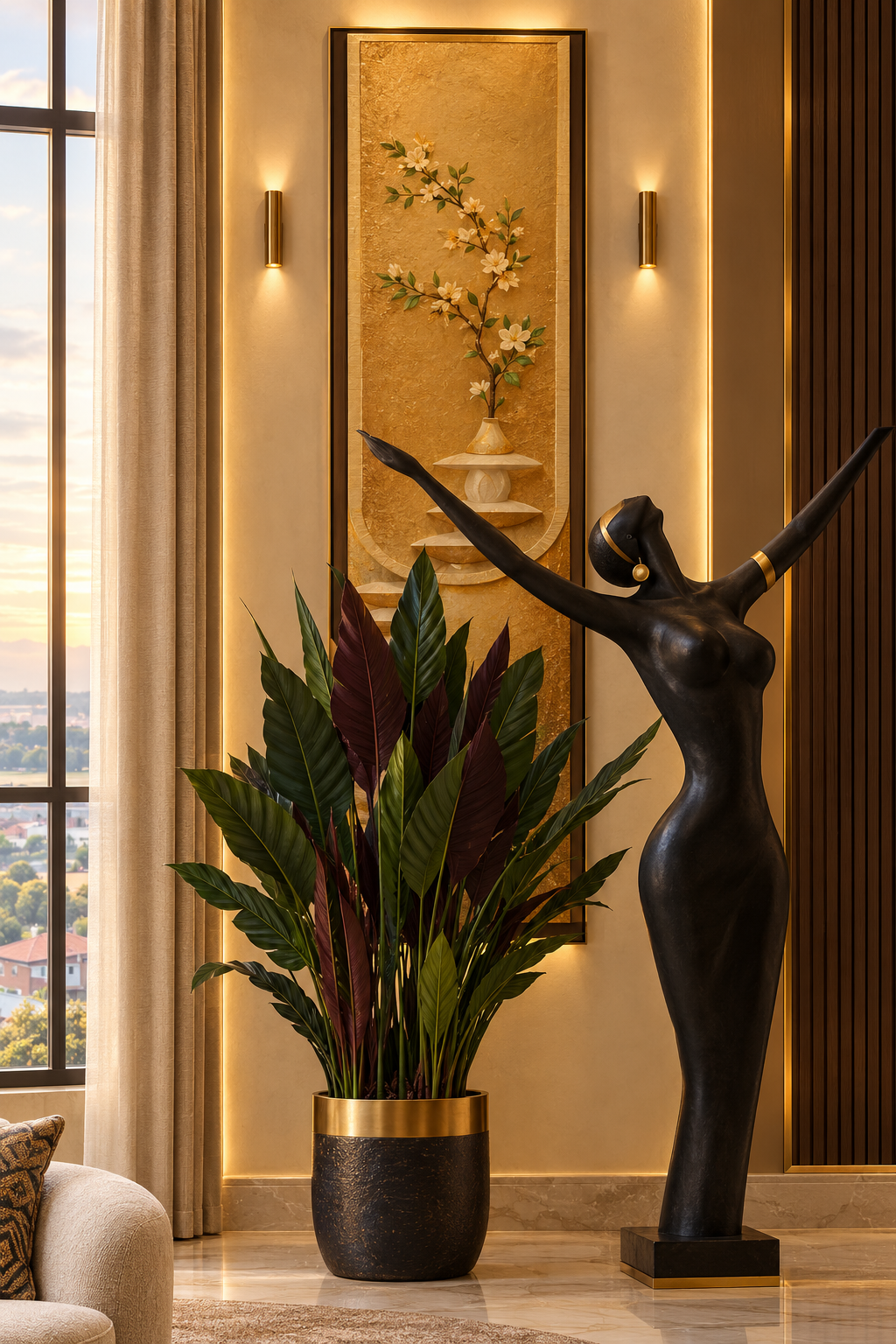 Luxury Modern Interior with Gold Wall Art, Sculptural Statue & Tropical Plants
