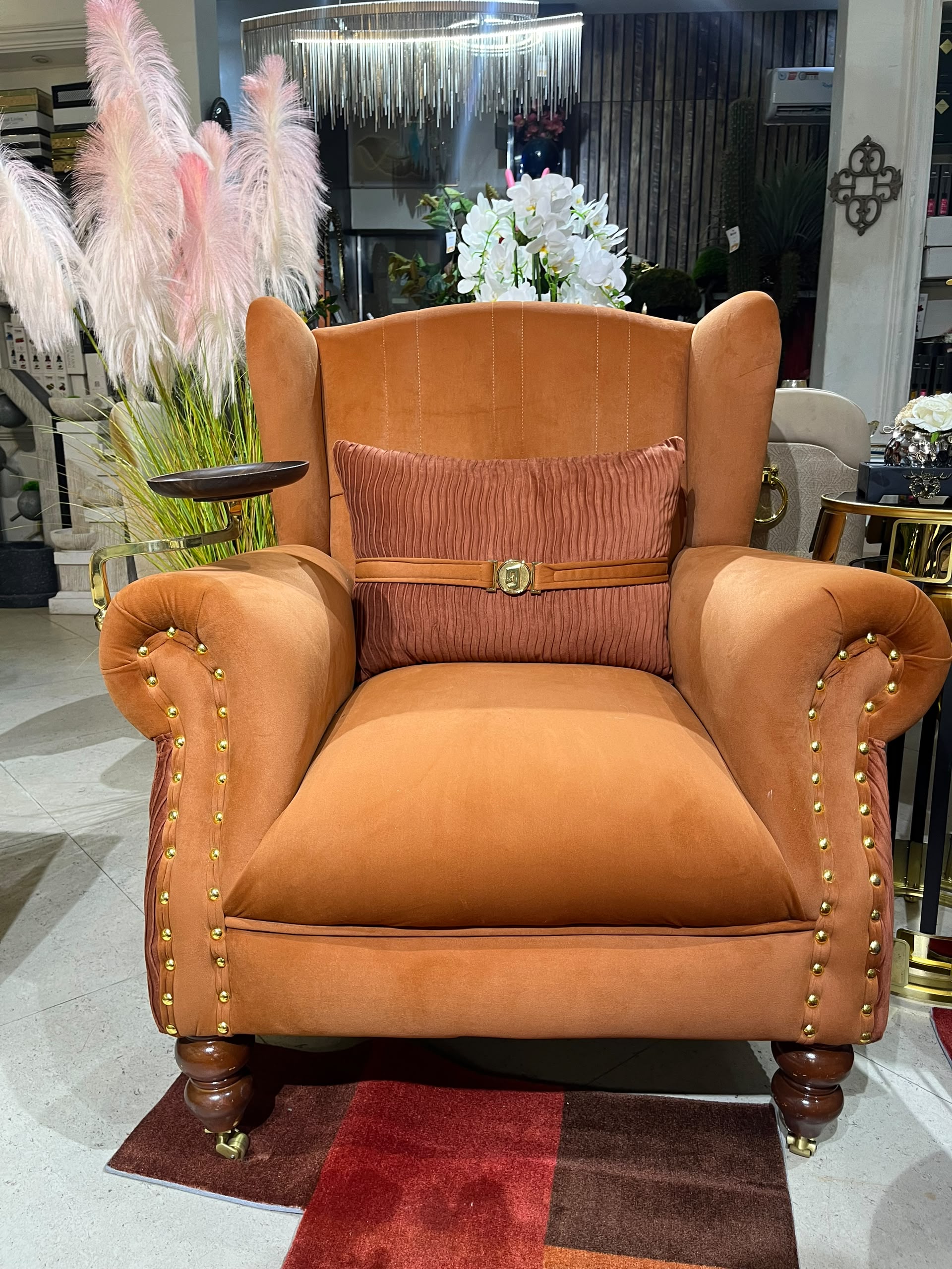 Luxury Orange Velvet Wingback Armchair